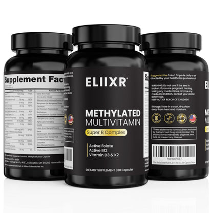 Eliixr Methylated Multivitamin for Men & Women – 60 Capsules, 1500mcg Folate, 500mcg B12, Iron Free, Made in USA