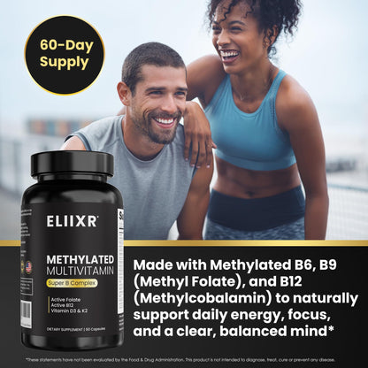 Eliixr Methylated Multivitamin for Men & Women – 60 Capsules, 1500mcg Folate, 500mcg B12, Iron Free, Made in USA
