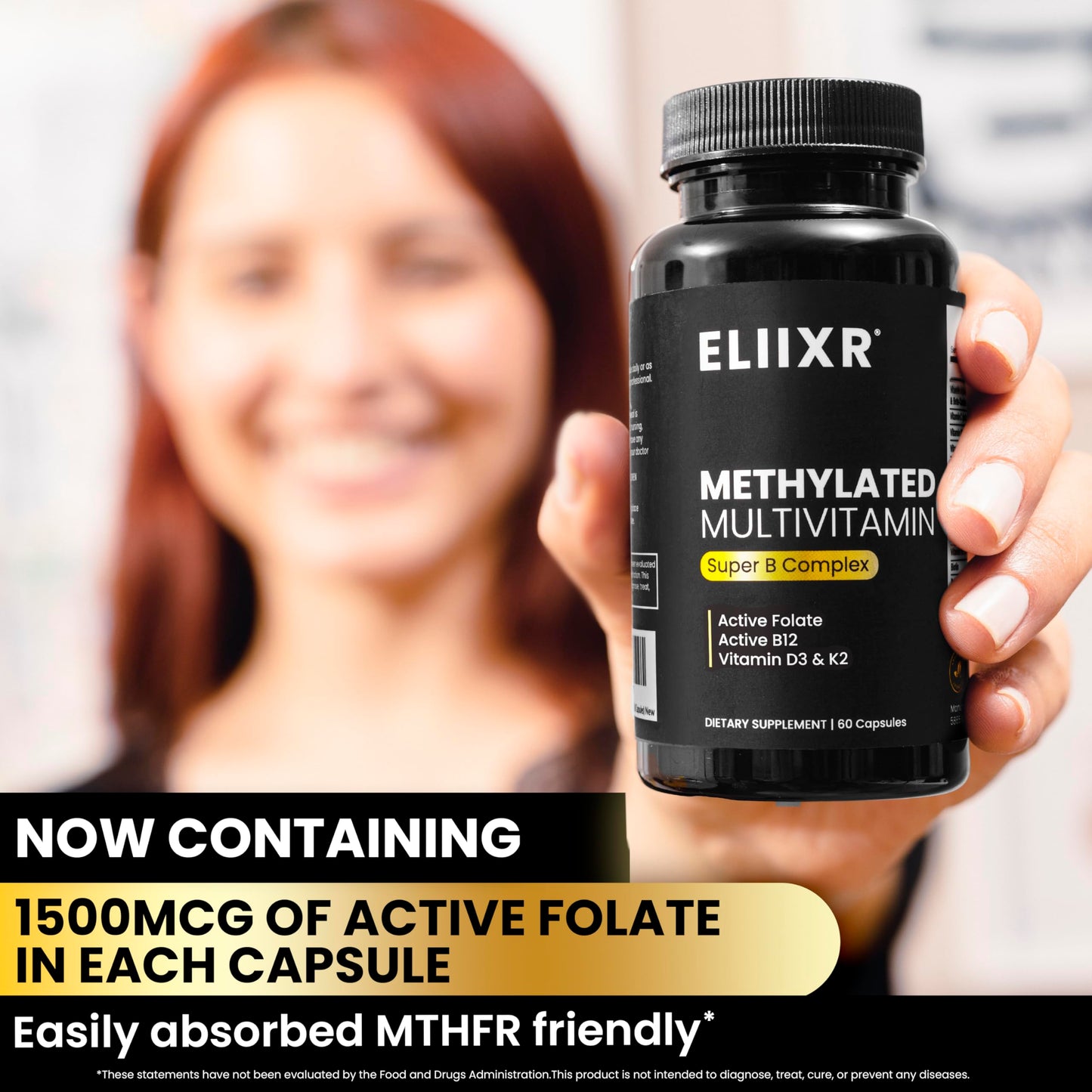 Eliixr Methylated Multivitamin for Men & Women – 60 Capsules, 1500mcg Folate, 500mcg B12, Iron Free, Made in USA