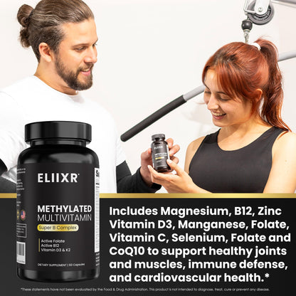 Eliixr Methylated Multivitamin for Men & Women – 60 Capsules, 1500mcg Folate, 500mcg B12, Iron Free, Made in USA