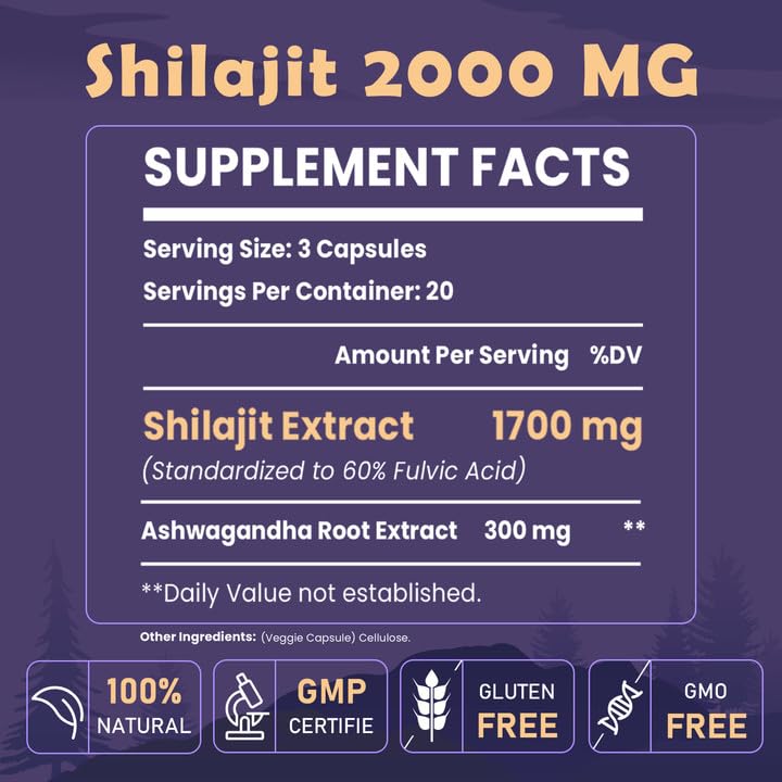 Elikadur 2000 mg Shilajit Supplement – 85+ Minerals, 60% Fulvic Acid, 120 Vegan Capsules