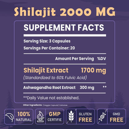 Elikadur 2000 mg Shilajit Supplement – 85+ Minerals, 60% Fulvic Acid, 120 Vegan Capsules