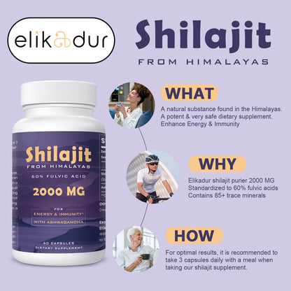 Elikadur 2000 MG Shilajit Supplement – 60 Capsules, 60% Fulvic Acid, 85+ Minerals