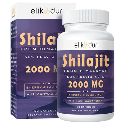 Elikadur 2000 MG Shilajit Supplement – 60 Capsules, 60% Fulvic Acid, 85+ Minerals