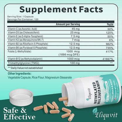 Eliquvit Methylated Multivitamin – 9-in-1 B Complex (L-Methylfolate, B12) – USA Made