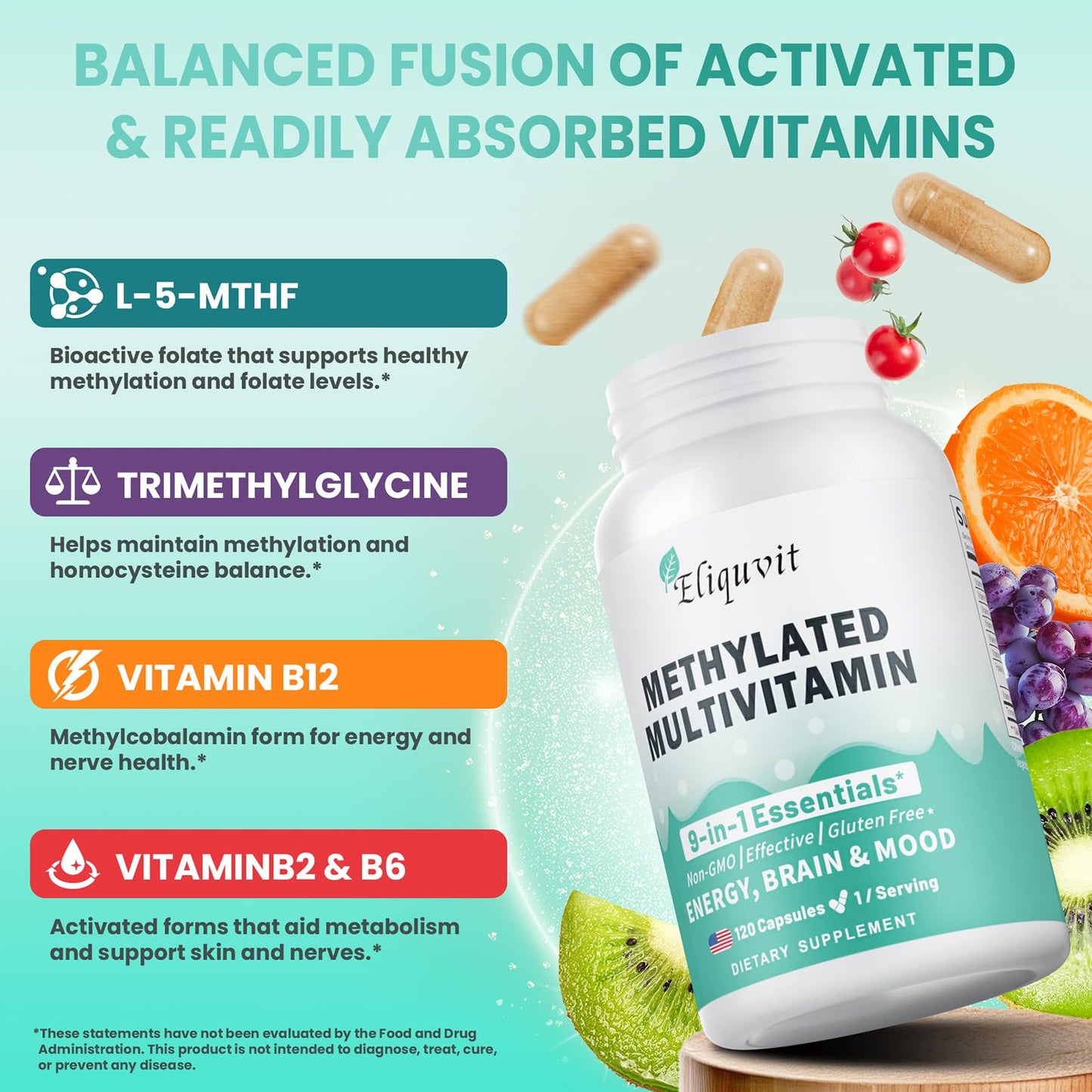 Eliquvit Methylated Multivitamin – 9-in-1 B Complex (L-Methylfolate, B12) – USA Made