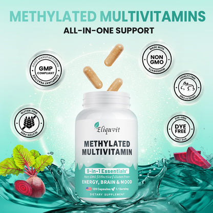 Eliquvit Methylated Multivitamin – 9-in-1 B Complex (L-Methylfolate, B12) – USA Made
