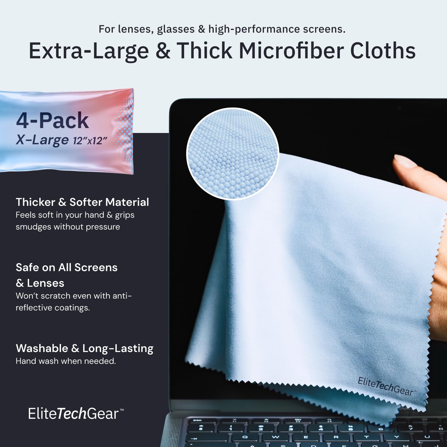 Elite Screens Microfiber Cleaning Cloth – 12x12 in, Blue, Pack of 4 – Glasses & Screens Cleaning Cloth