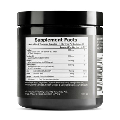 Elite T Formula - Ultra High Potency Tongkat Ali 200:1, Fadogia 30:1, Ashwagandha 40:1 (25% Withanolides) - Tribulus 25:1 (95% Saponins) + Zinc, Boron & Copper - 120 Capsules | Toniiq