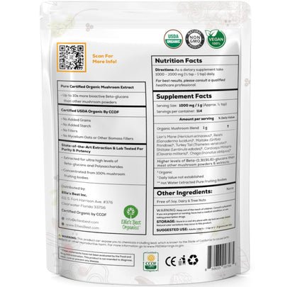 Ellie's Best 7 Mushroom Powder Extract Blend Supplement Organic 114 Servings High Potency Double Extracted Cordyceps, Reishi, Turkey Tail, Chaga, Lion's Mane - 4oz