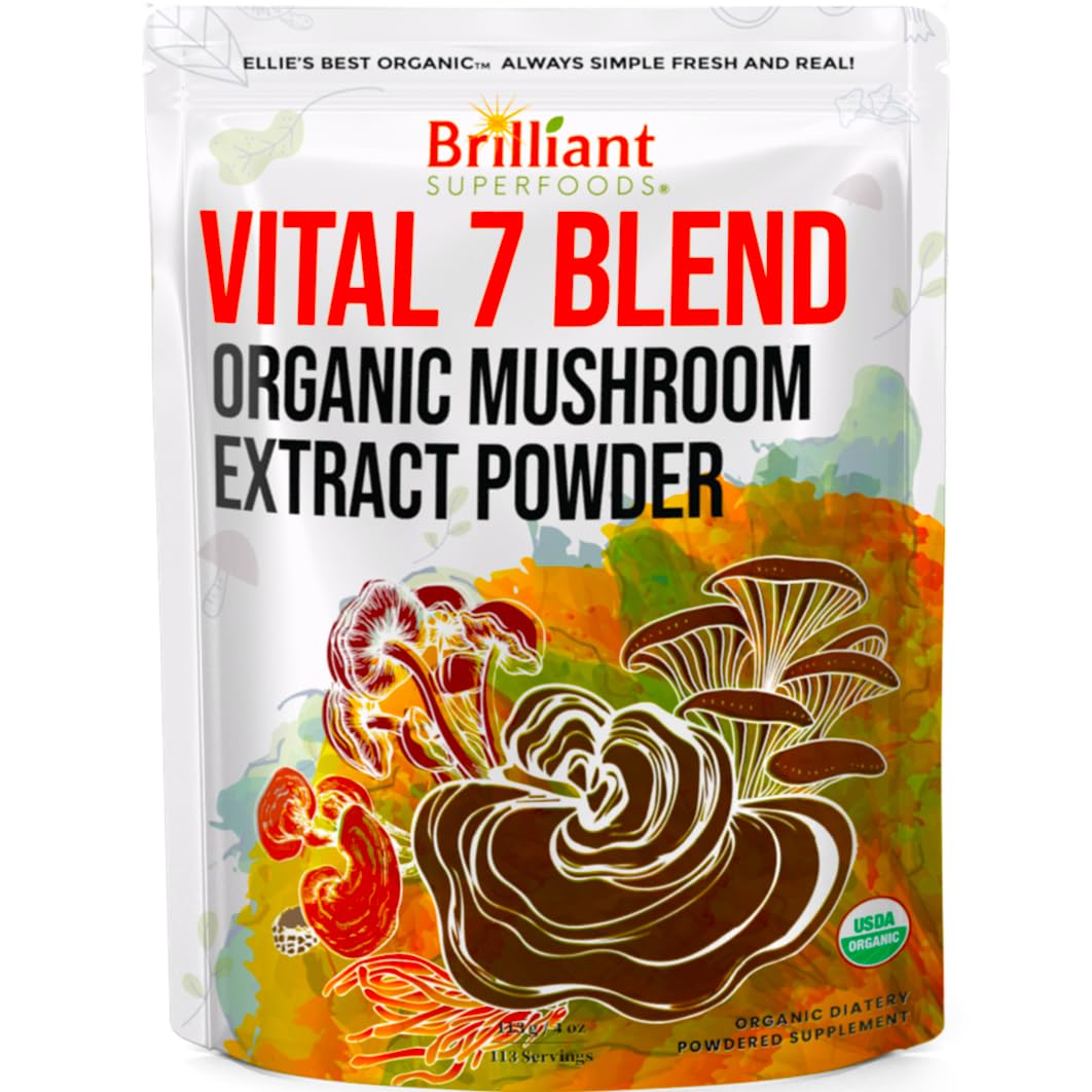 Ellie's Best 7 Mushroom Powder Extract Blend Supplement Organic 114 Servings High Potency Double Extracted Cordyceps, Reishi, Turkey Tail, Chaga, Lion's Mane - 4oz