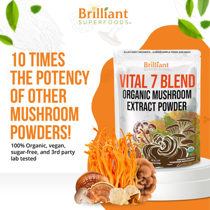 Ellie's Best 7 Mushroom Powder Extract Blend Supplement Organic 114 Servings High Potency Double Extracted Cordyceps, Reishi, Turkey Tail, Chaga, Lion's Mane - 4oz