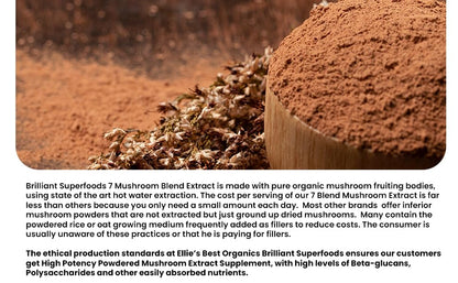 Ellie's Best 7 Mushroom Powder Extract Blend Supplement Organic 114 Servings High Potency Double Extracted Cordyceps, Reishi, Turkey Tail, Chaga, Lion's Mane - 4oz
