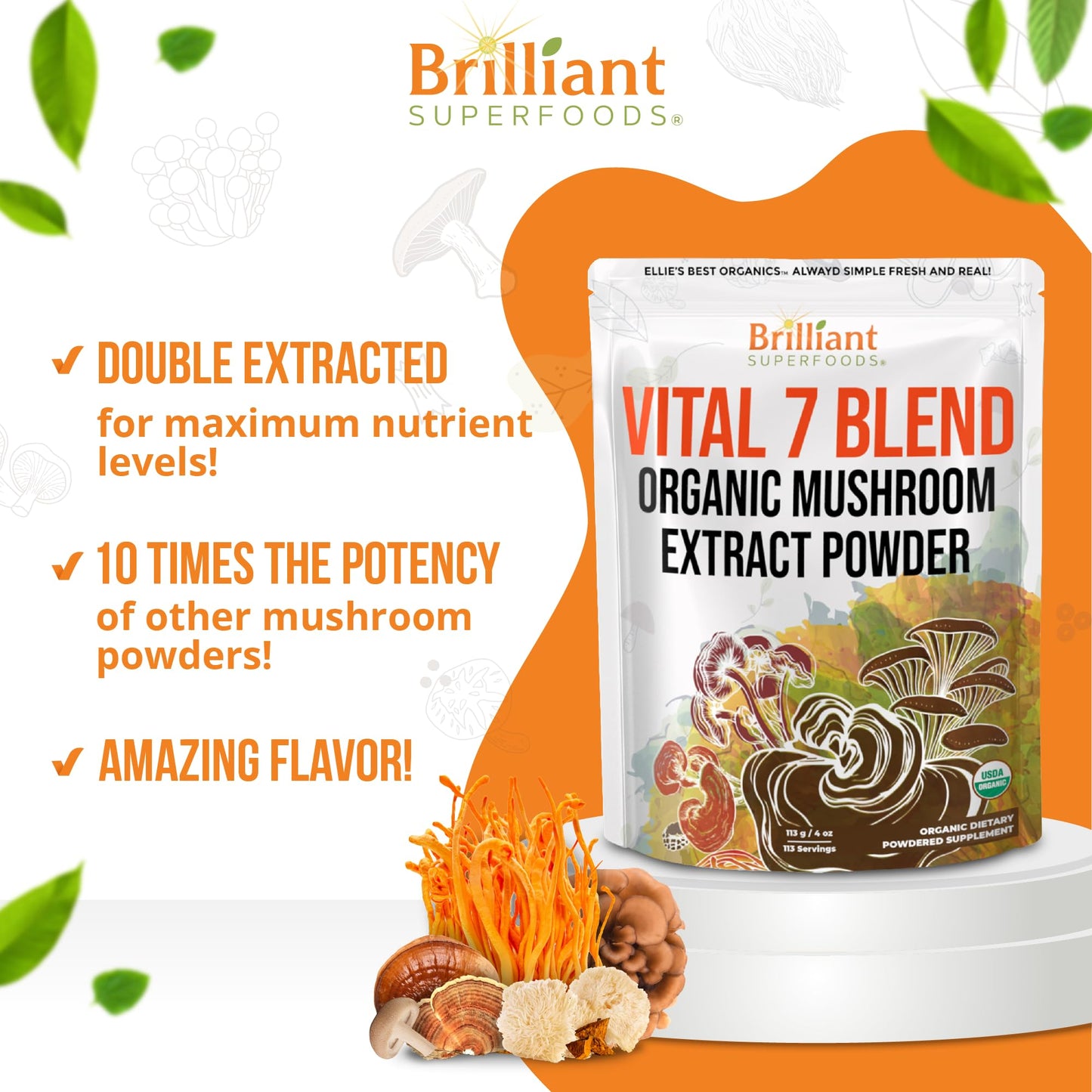 Ellie's Best 7 Mushroom Powder Extract Blend Supplement Organic 114 Servings High Potency Double Extracted Cordyceps, Reishi, Turkey Tail, Chaga, Lion's Mane - 4oz