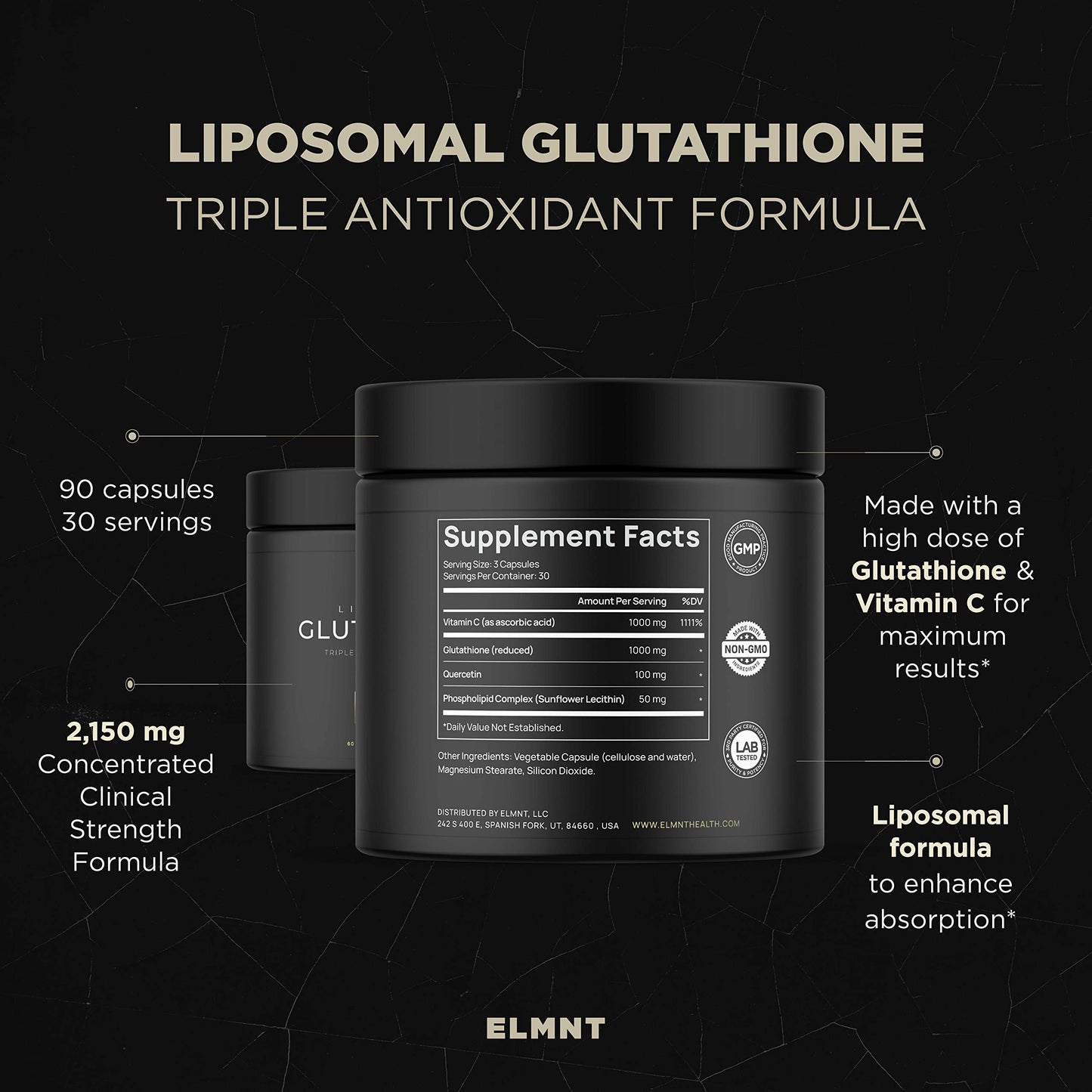 ELMNT 2150mg Super Liposomal Glutathione – Vitamin C + Quercetin (90 Pills, Non-GMO)