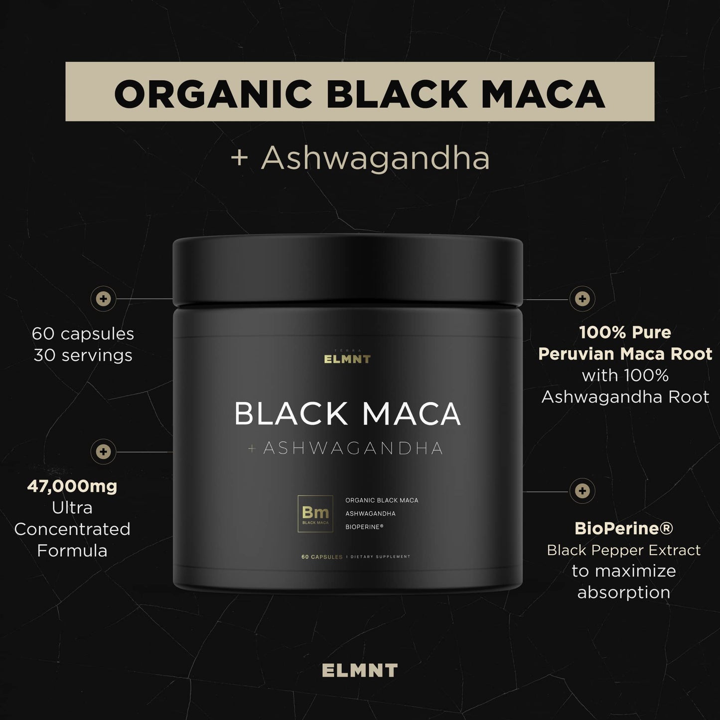 ELMNT Black Maca 40:1 with Ashwagandha – 40x Strength Maca Capsules for Men