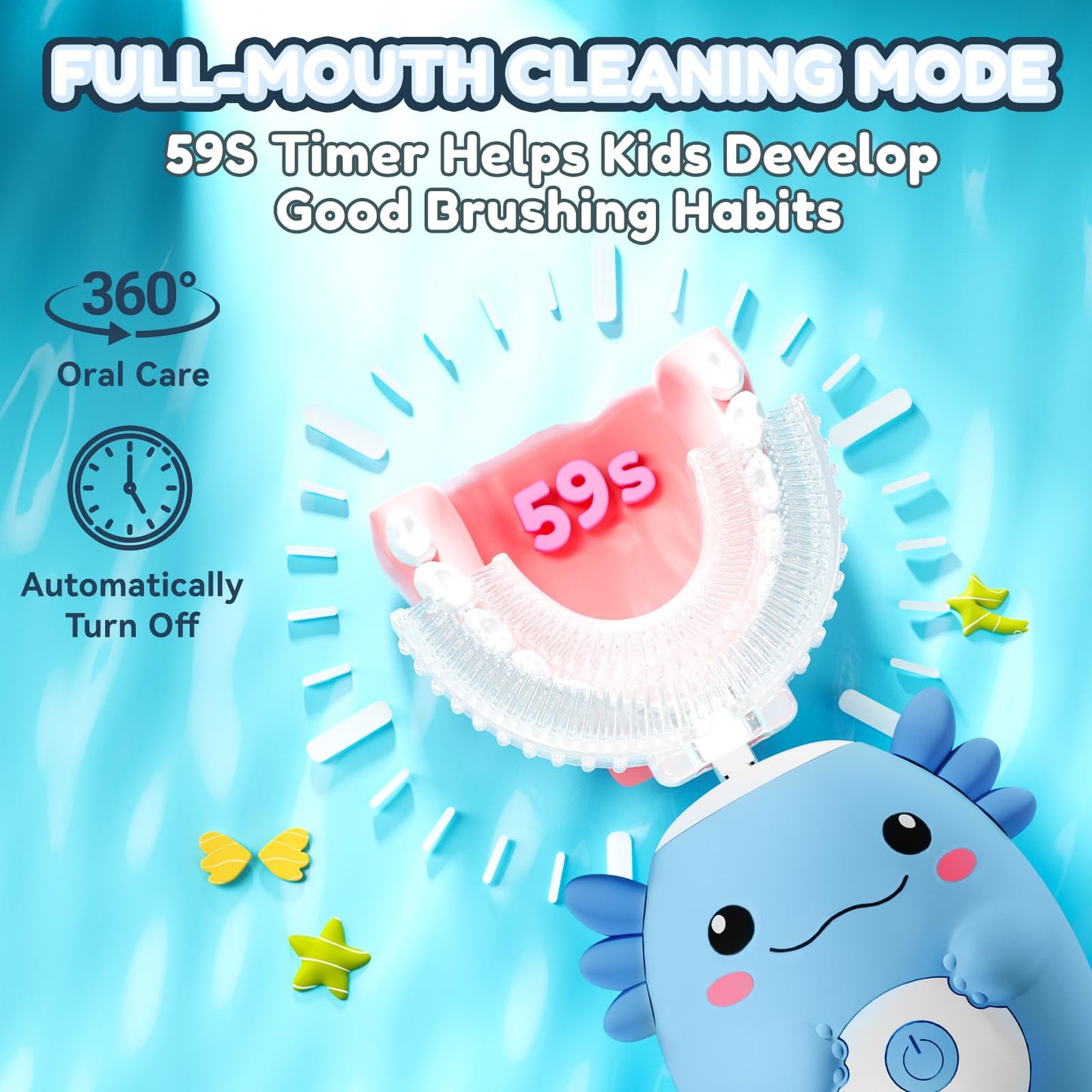 ELOTAME Kids Electric U‑Shaped Toothbrush – Axolotl Cartoon Sonic (Ages 2–15) | 6 Modes