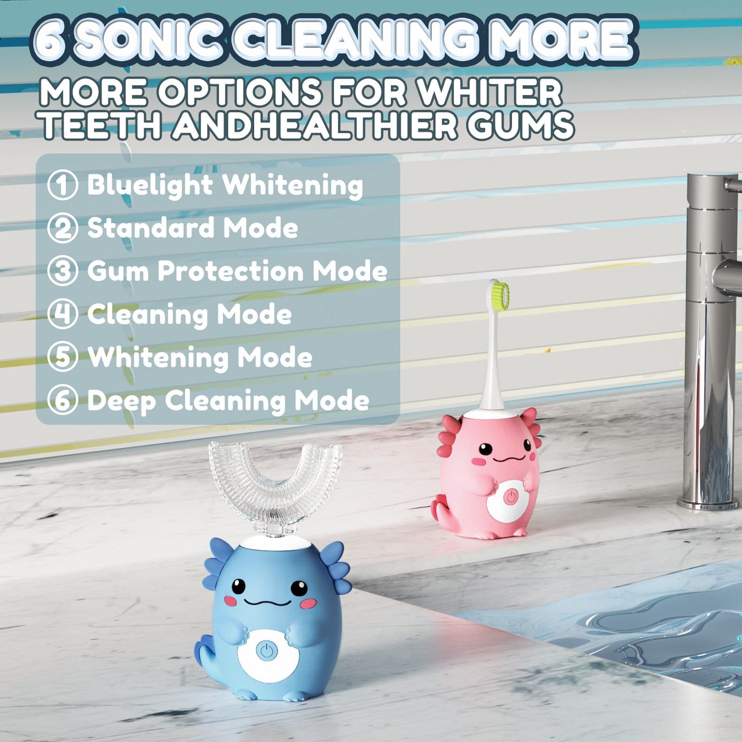 ELOTAME Kids Electric U‑Shaped Toothbrush – Axolotl Cartoon Sonic (Ages 2–15) | 6 Modes