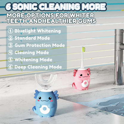 ELOTAME Kids Electric U‑Shaped Toothbrush – Axolotl Cartoon Sonic (Ages 2–15) | 6 Modes