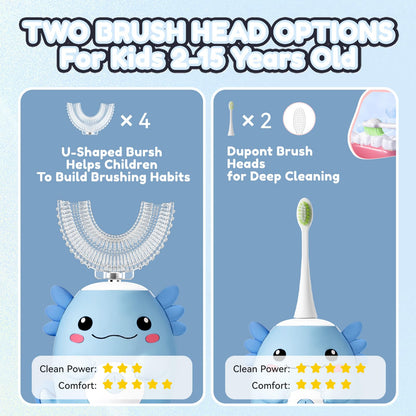 ELOTAME Kids Electric U‑Shaped Toothbrush – Axolotl Cartoon Sonic (Ages 2–15) | 6 Modes