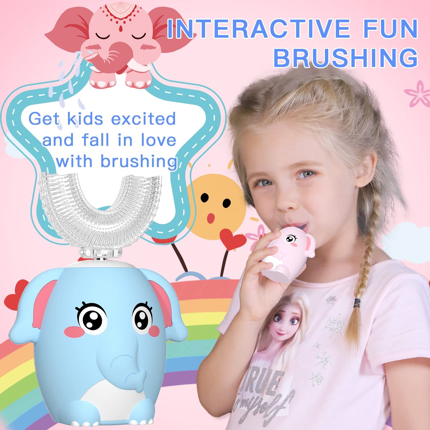 ELOTAME Kids Electric U Shaped Toothbrush - 4 Heads, 6 Modes, IPX7 Waterproof, Age 8-15 Blue