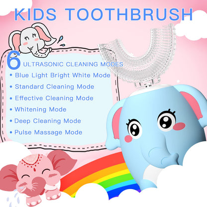 ELOTAME Kids Electric U Shaped Toothbrush - 4 Heads, 6 Modes, IPX7 Waterproof, Age 8-15 Blue
