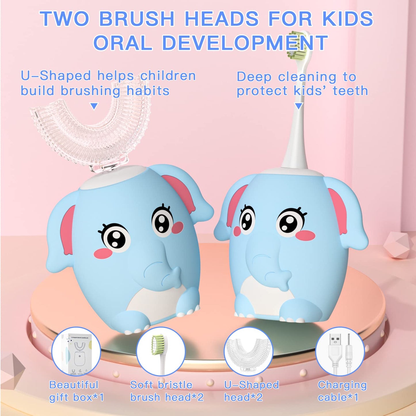 ELOTAME Kids Electric U Shaped Toothbrush - 4 Heads, 6 Modes, IPX7 Waterproof, Age 8-15 Blue
