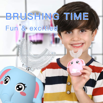 ELOTAME Kids Electric U Shaped Toothbrush - 4 Heads, 6 Modes, IPX7 Waterproof, Age 8-15 Blue