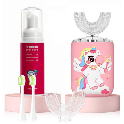 ELOTAME Kids Electric U-Shaped Toothbrush – Unicorn Pink, Rechargeable Sonic, IPX7, 4 Soft Heads (Ages 2-7)