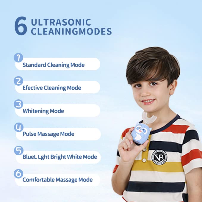 ELOTAME Kids Electric U-Shaped Toothbrush – 6 Modes, 4 Brush Heads, USB Charging (Ages 8-15, Blue)