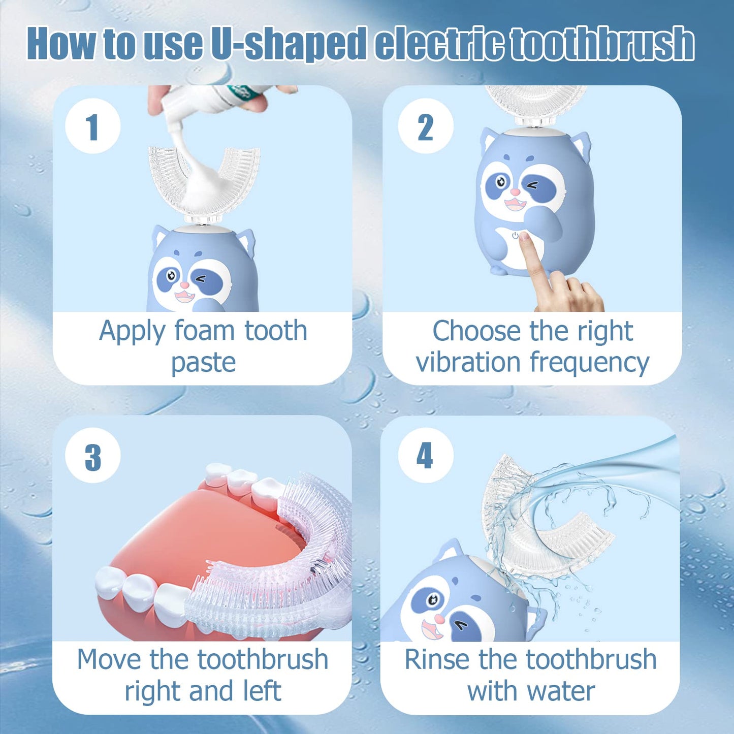 ELOTAME Kids Electric U-Shaped Toothbrush – 6 Modes, 4 Brush Heads, USB Charging (Ages 8-15, Blue)