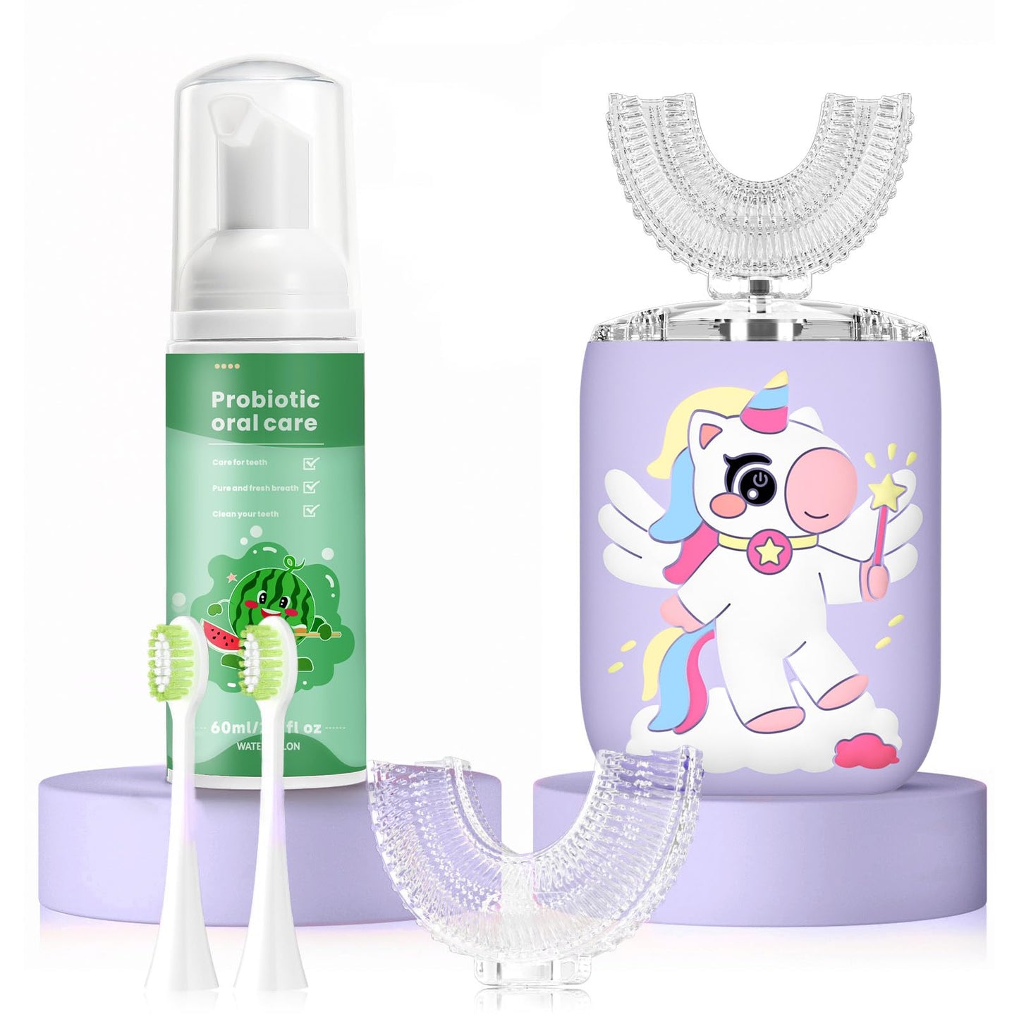 ELOTAME Kids Electric U-Shaped Unicorn Toothbrush – 4 Soft Heads, 6 Modes, Rechargeable Sonic, IPX7, Purple (Ages 2-15)