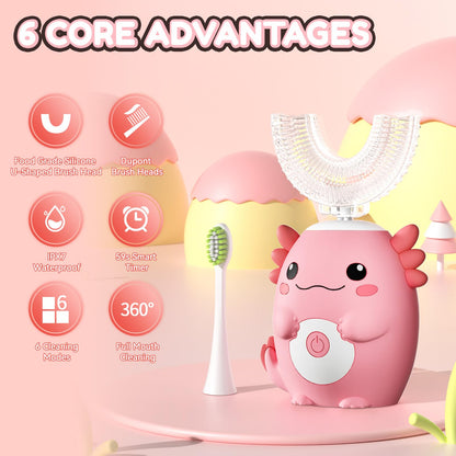 ELOTAME Kids Electric U-Shaped Toothbrush | Axolotl Pink, 6 Heads, 6 Modes, Ages 2-15