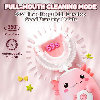 ELOTAME Kids Electric U-Shaped Toothbrush | Axolotl Pink, 6 Heads, 6 Modes, Ages 2-15