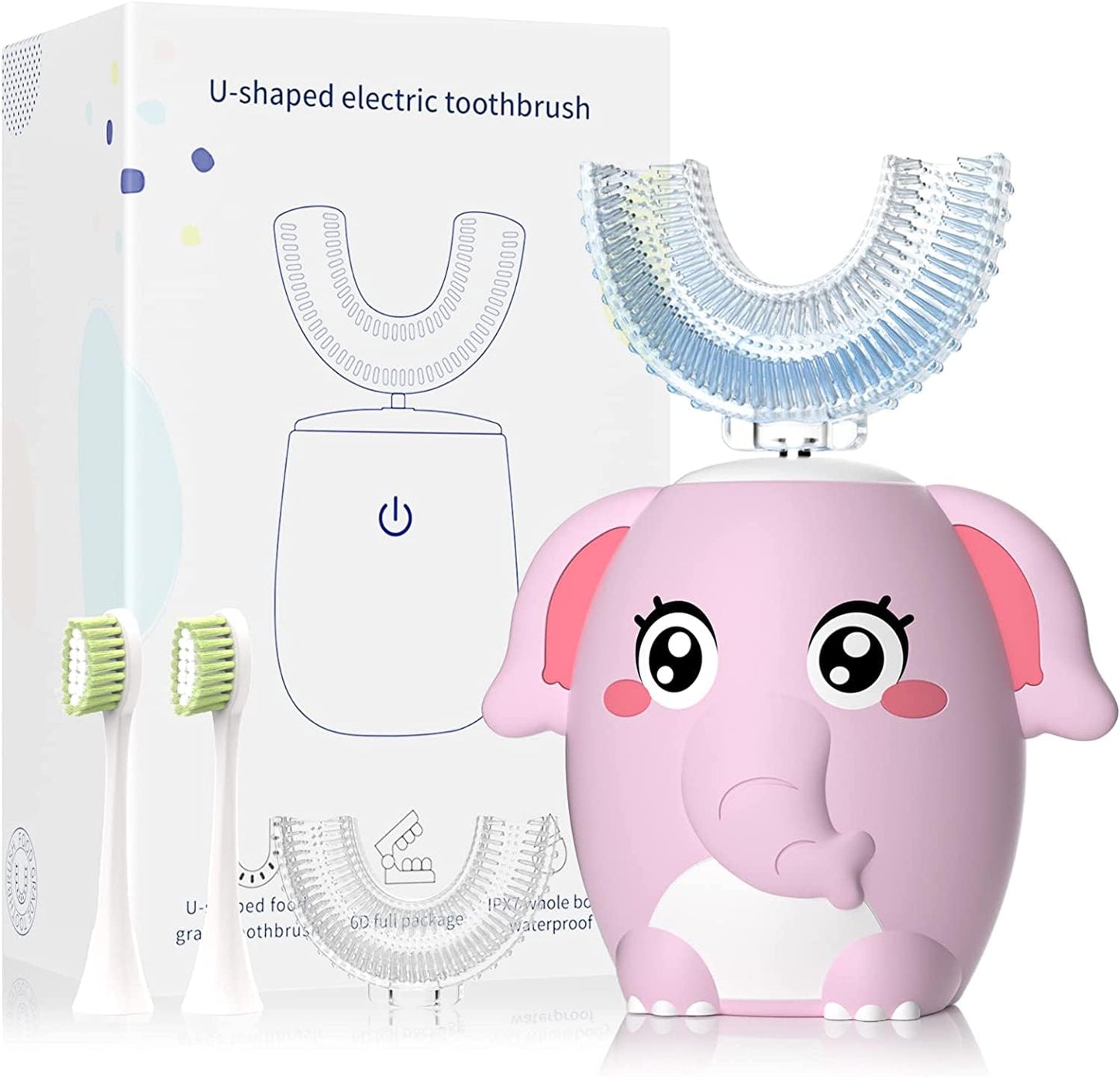 ELOTAME Kids Electric U-Shaped Toothbrush – 4 Heads, 6 Modes, IPX7, 360° Clean (Ages 8-15) Pink
