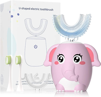 ELOTAME Kids Electric U-Shaped Toothbrush – 4 Heads, 6 Modes, IPX7, 360° Clean (Ages 8-15) Pink