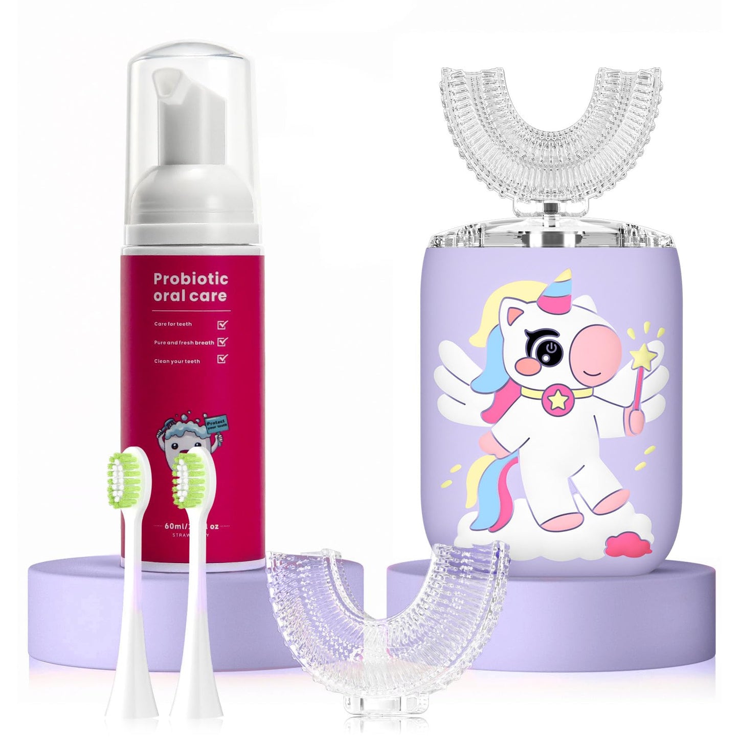 ELOTAME Kids Electric U Shaped Toothbrush Purple – 4 Soft Brush Heads, IPX7 Waterproof, 6 Modes, 45s Timer, USB Rechargeable