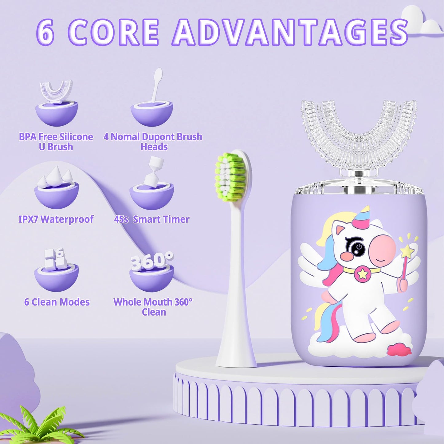 ELOTAME Kids Electric U Shaped Toothbrush Purple – 4 Soft Brush Heads, IPX7 Waterproof, 6 Modes, 45s Timer, USB Rechargeable
