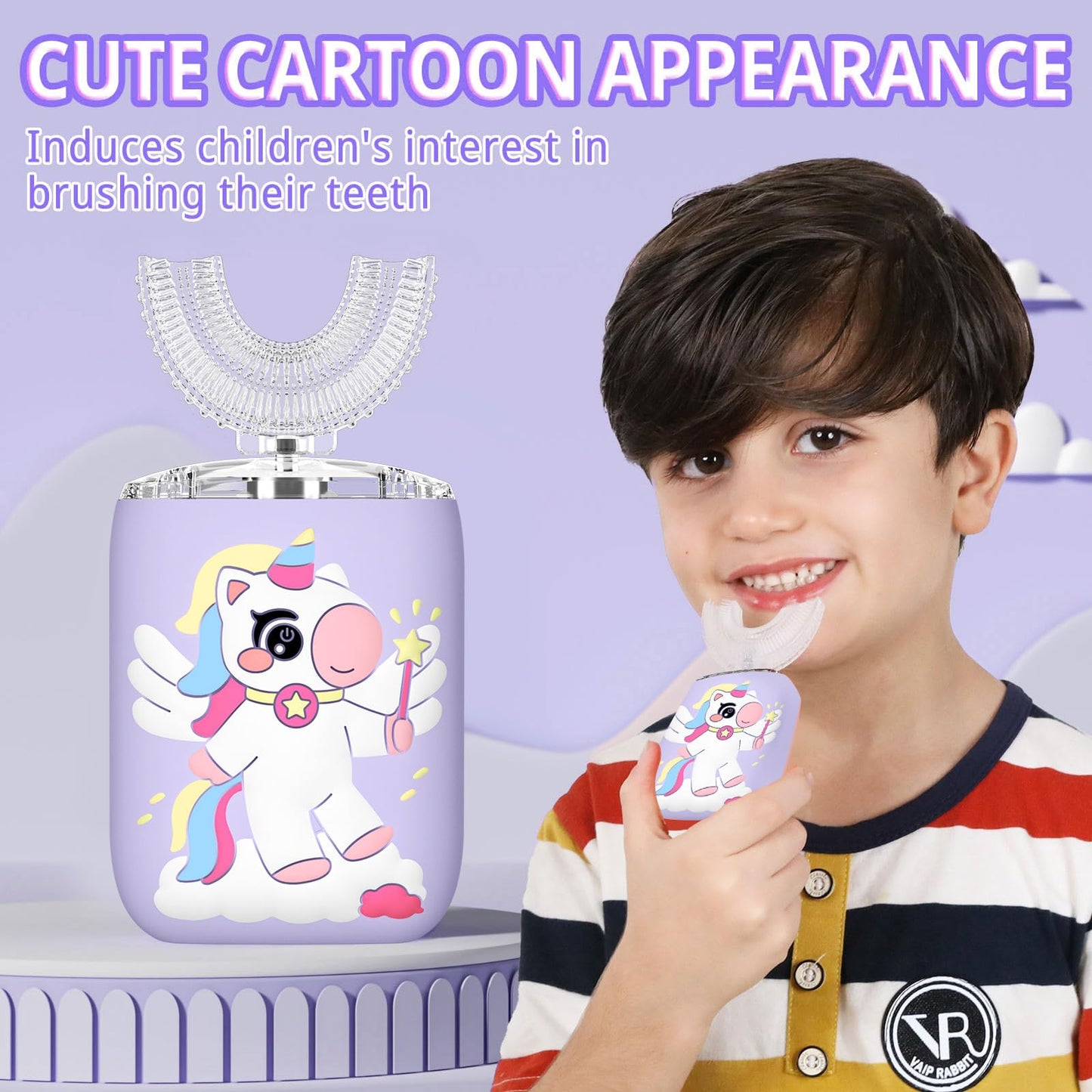 ELOTAME Kids Electric U Shaped Toothbrush Purple – 4 Soft Brush Heads, IPX7 Waterproof, 6 Modes, 45s Timer, USB Rechargeable