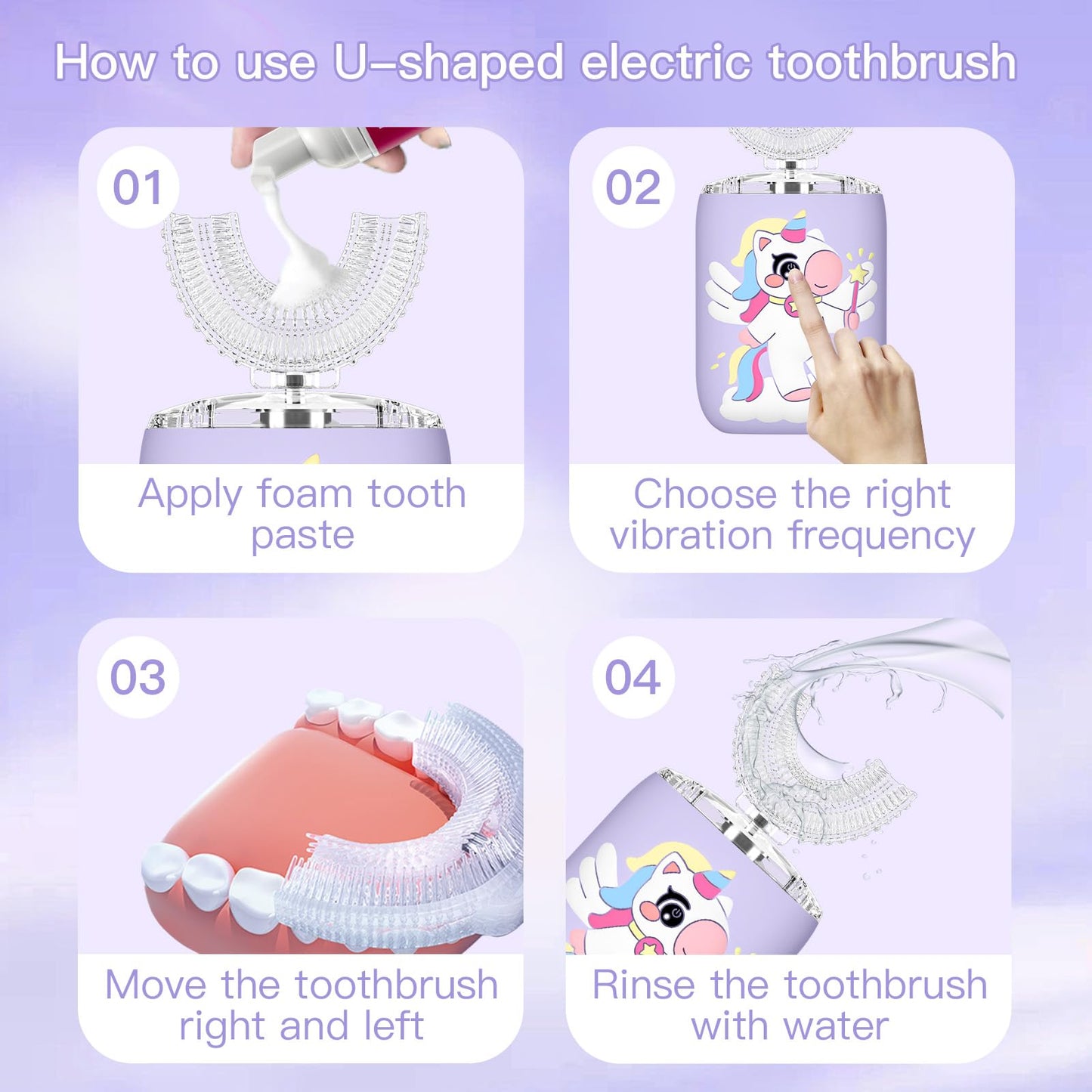 ELOTAME Kids Electric U-Shaped Toothbrush Unicorn Purple for Ages 2-7