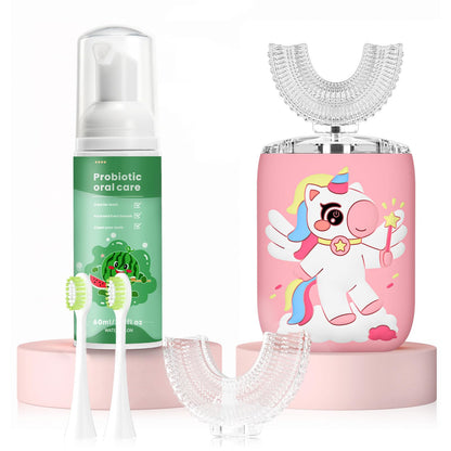 ELOTAME Kids Electric U-Shaped Toothbrush Unicorn Pink - 6 Modes, 4 Soft Heads, IPX7 Waterproof, Rechargeable (2-15 Years)