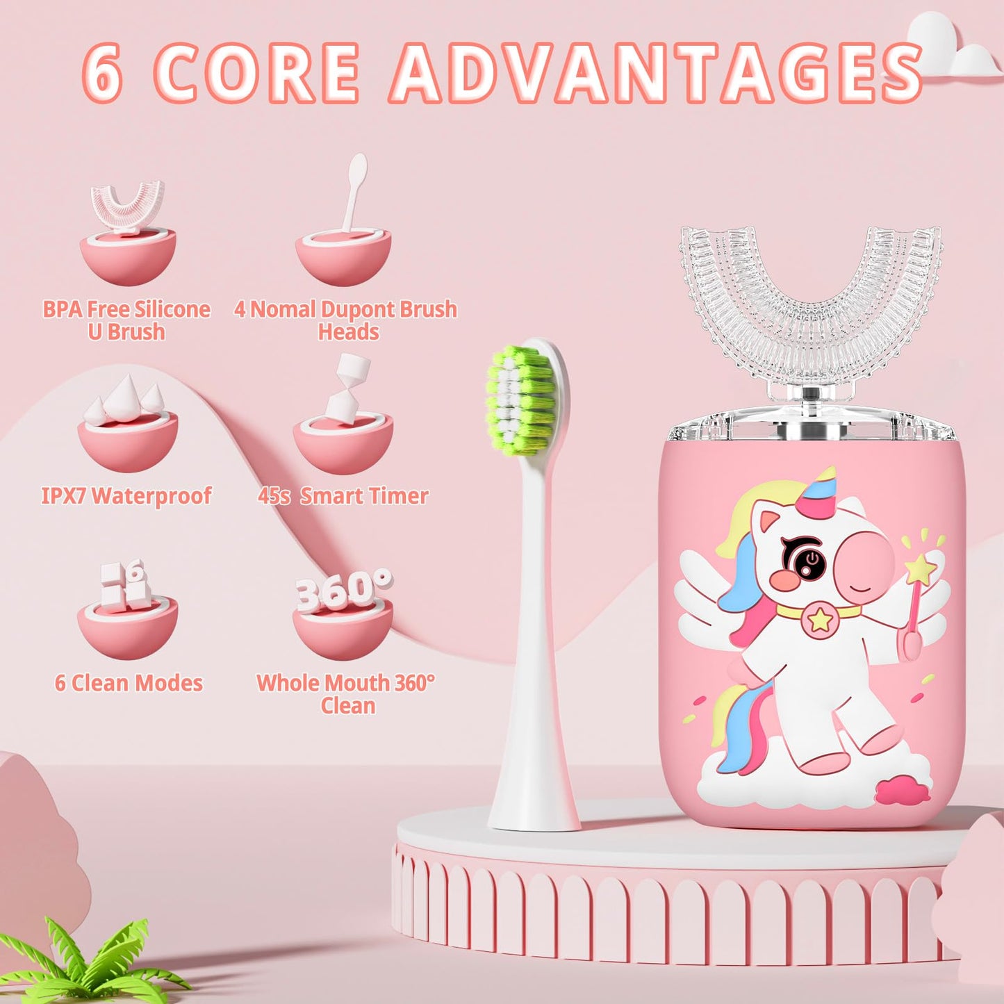 ELOTAME Kids U-Shaped Electric Toothbrush – Unicorn Pink, 6 Modes, Rechargeable, IPX7