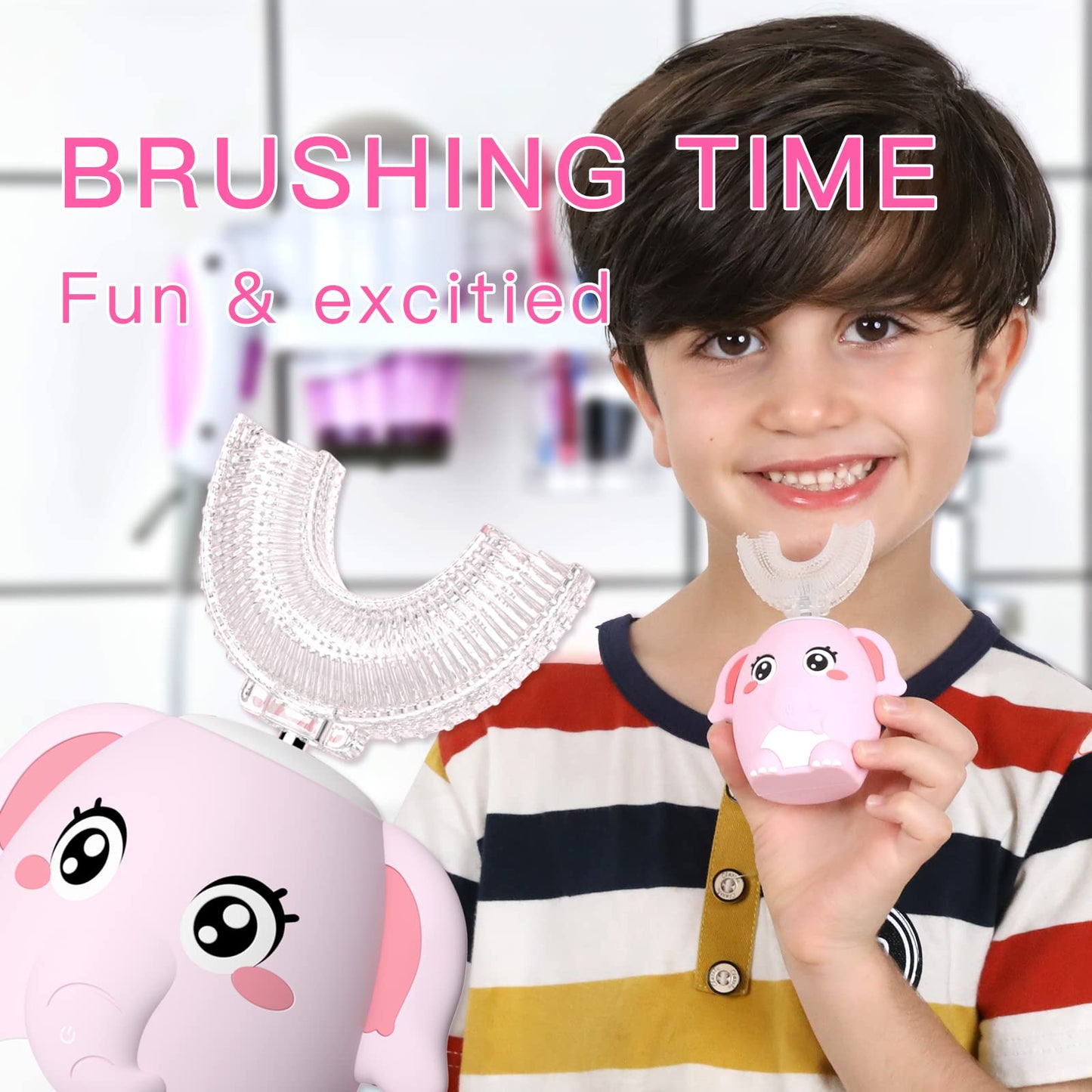 ELOTAME Kids Electric U-Shaped Toothbrush – 4 Heads, 6 Modes, IPX7, 360° Clean (Ages 8-15) Pink