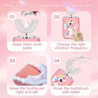 ELOTAME Kids U-Shaped Electric Toothbrush – Unicorn Pink, 6 Modes, Rechargeable, IPX7