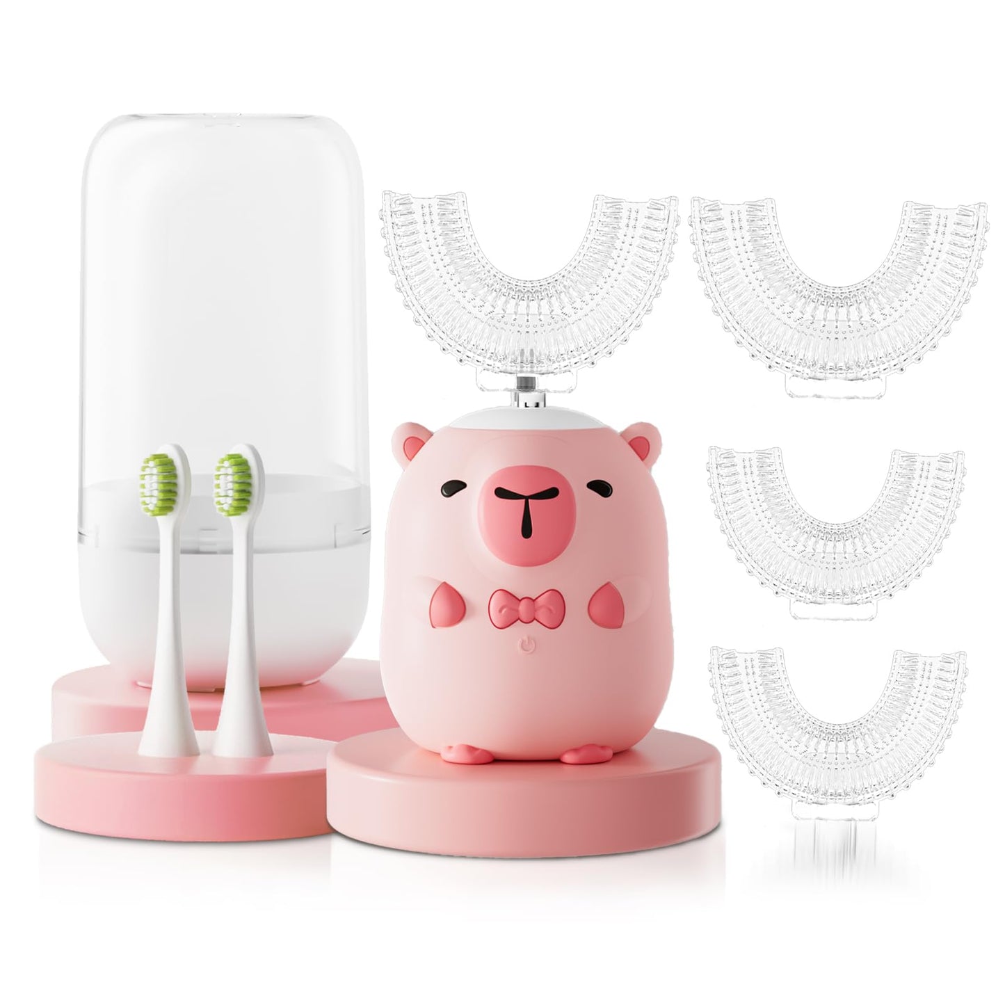 ELOTAME Kids Electric Toothbrush U Shaped - Cartoon Capybara Pink, 6 Brush Heads, 2-14 Years, IPX7 Waterproof