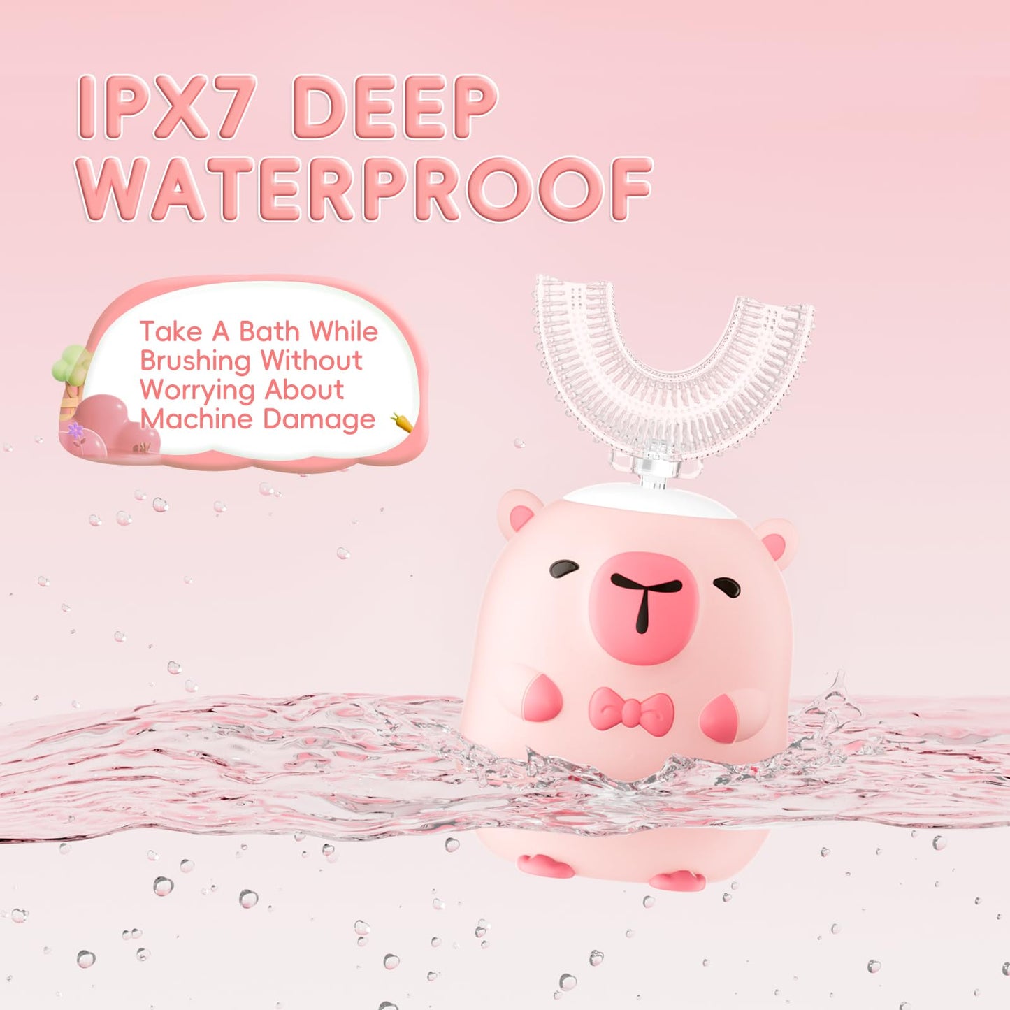 ELOTAME Kids Electric Toothbrush U Shaped - Cartoon Capybara Pink, 6 Brush Heads, 2-14 Years, IPX7 Waterproof