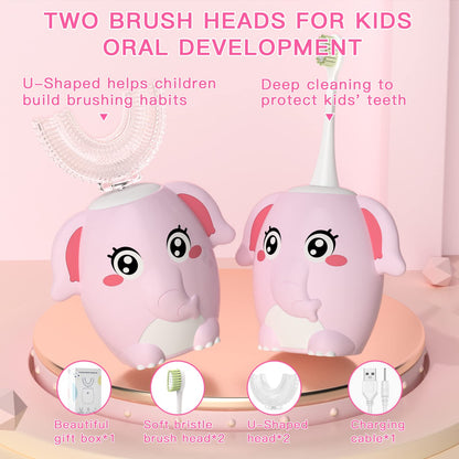 ELOTAME Kids Electric U-Shaped Toothbrush – 4 Heads, 6 Modes, IPX7, 360° Clean (Ages 8-15) Pink