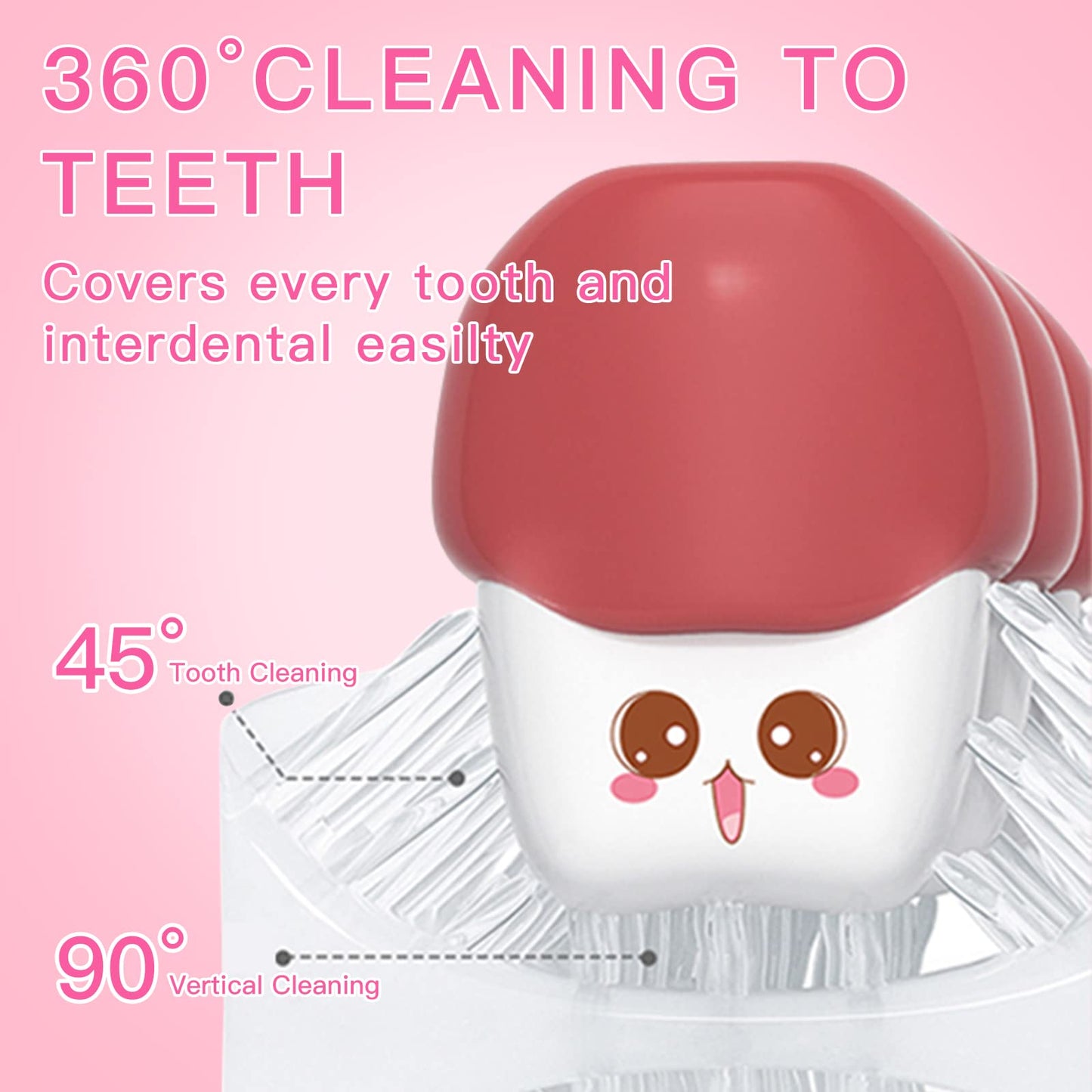 ELOTAME Kids Electric U-Shaped Toothbrush – 4 Heads, 6 Modes, IPX7, 360° Clean (Ages 8-15) Pink