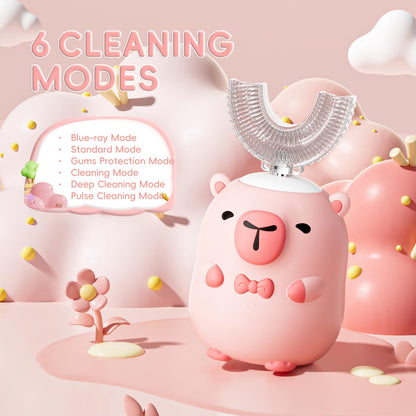 ELOTAME Kids Electric Toothbrush U Shaped - Cartoon Capybara Pink, 6 Brush Heads, 2-14 Years, IPX7 Waterproof
