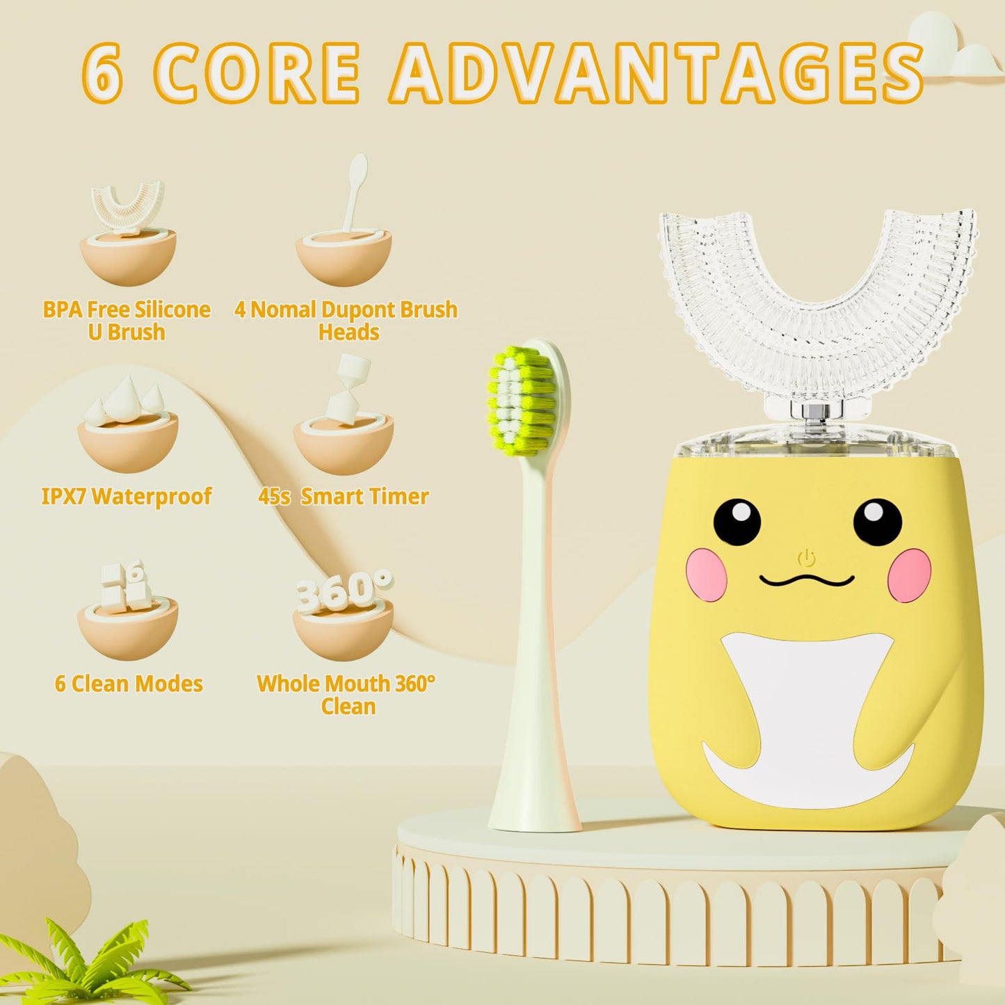 ELOTAME Kids U-Shaped Electric Toothbrush – 6 Modes, 6 Brush Heads
